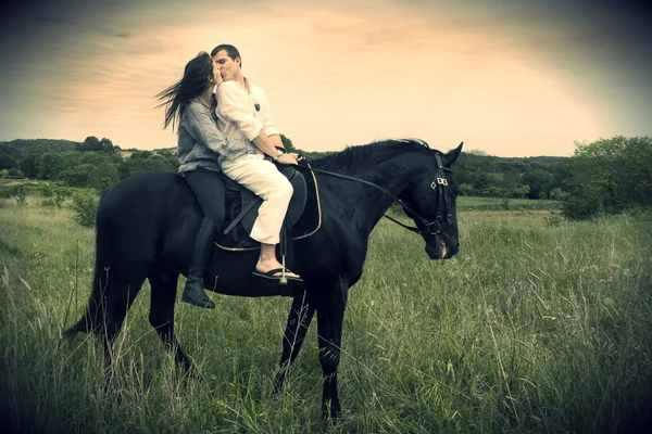 Para i koń w polu — Zdjęcie stockowe