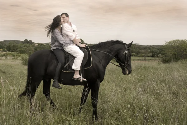 Pareja y caballo en un campo — Foto de Stock