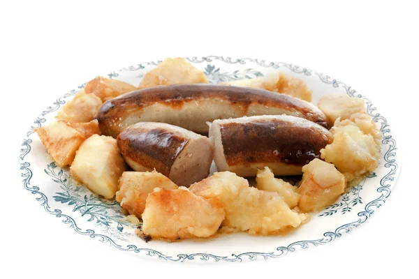 Baked white sausages with apple — Stock Photo, Image