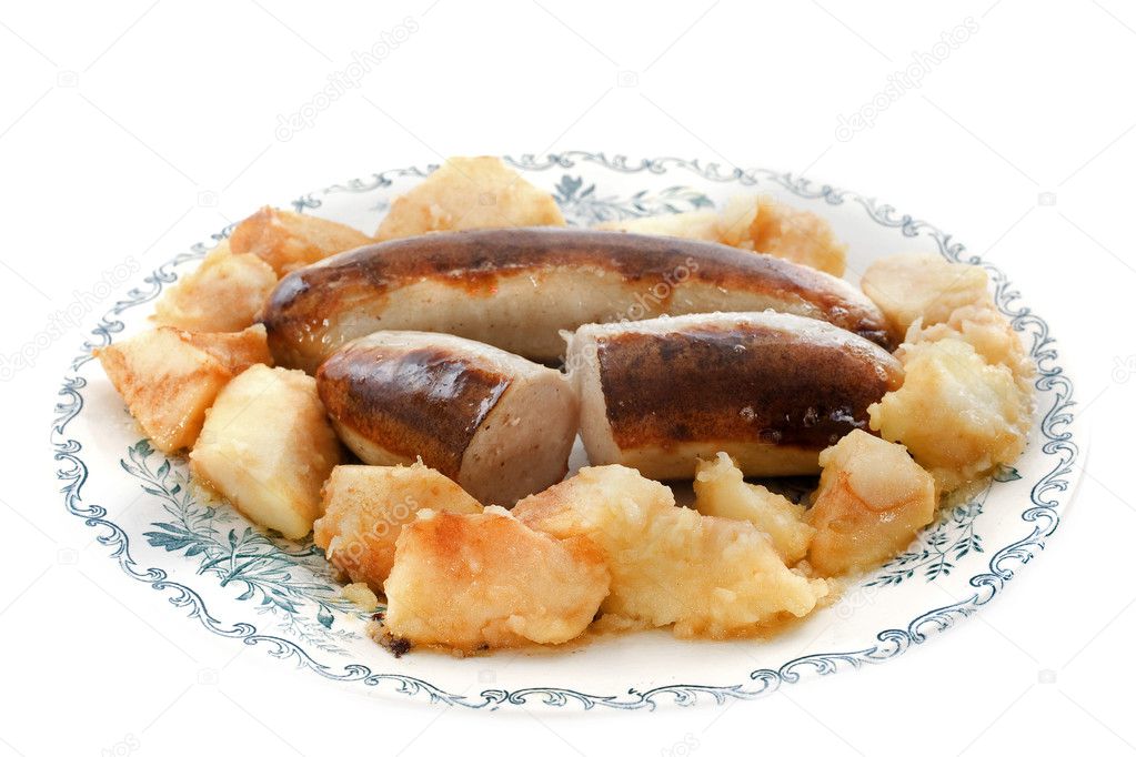 Baked white sausages with apple