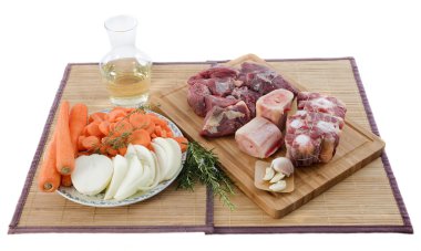 Variety of meat, vegetables and wine clipart