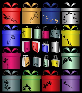 Bright gift bags and gifts isolated on black clipart