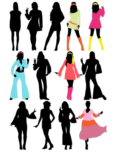 Silhouettes of hippie fashion girl — Stock Vector