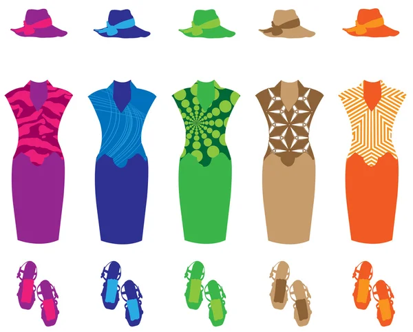 Sziluettek színes ruha kollekció kalapot és cipőt — Stock Vector