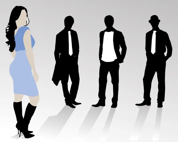 Silhouette aziendali di successo con donna in blu — Vettoriale Stock