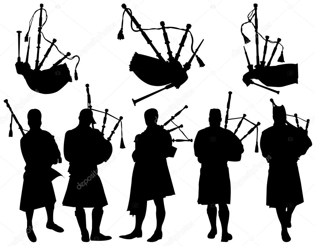 Silhouettes Scottish highlander wearing kilt and playing bagpipes vector