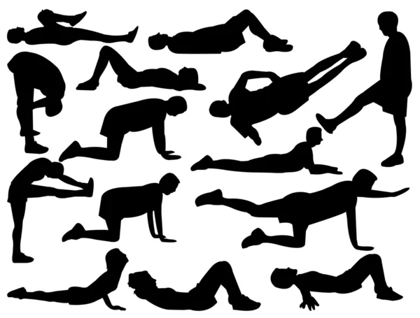 Silhouettes of man and woman stretching and exercise — Wektor stockowy