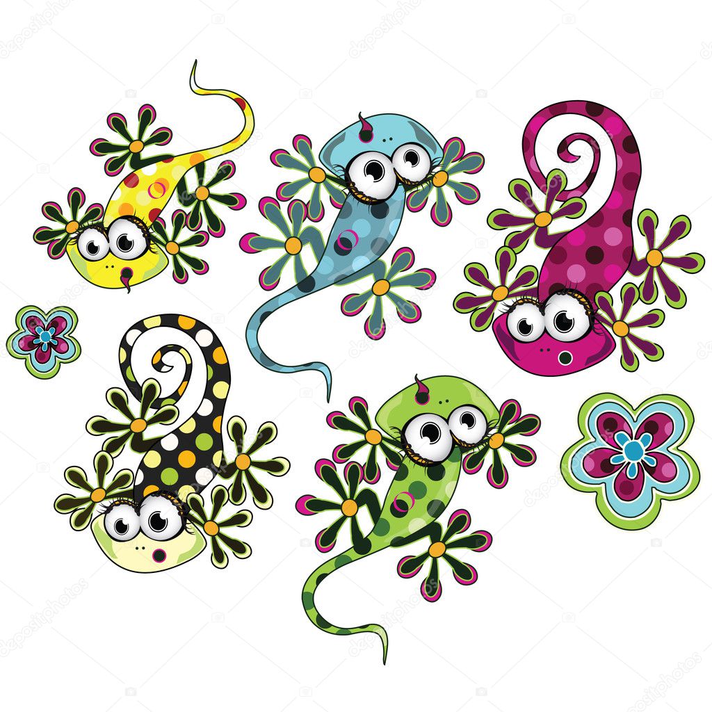 Colorful Lizards & Flowers Vector