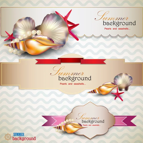 Set of Holiday banners with shells and place for text. Retro vin — Stock Vector