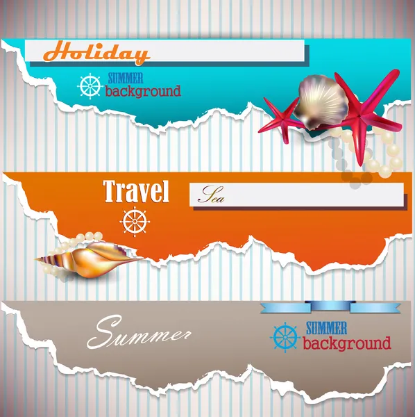 Conjunto de banners de férias com conchas e lugar para texto. Pape rasgado — Vetor de Stock
