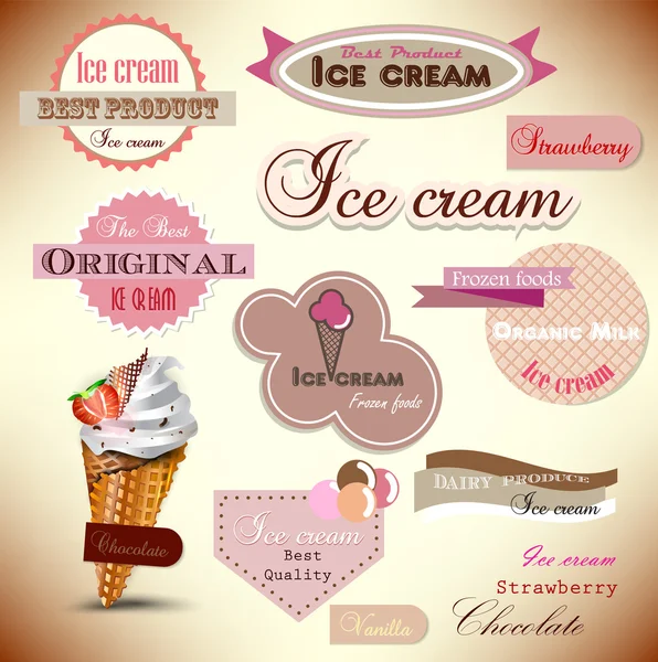 Vintage dondurma Dükkanı rozetleri ve Etiketler kümesi — Stok Vektör
