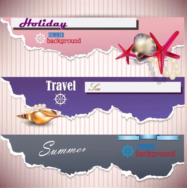 Conjunto de banners de férias com conchas e lugar para texto. Pape rasgado — Vetor de Stock