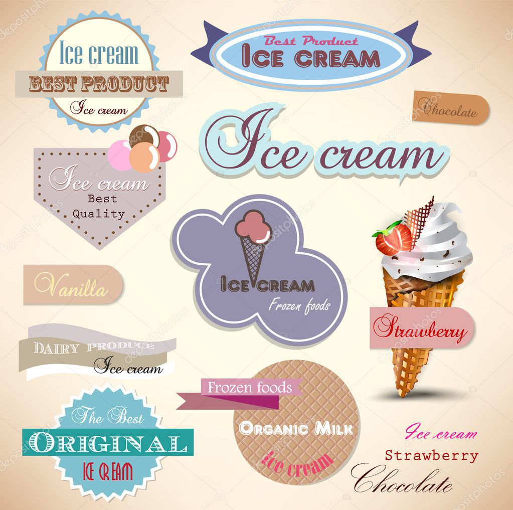 Set of vintage ice cream shop badges and labels