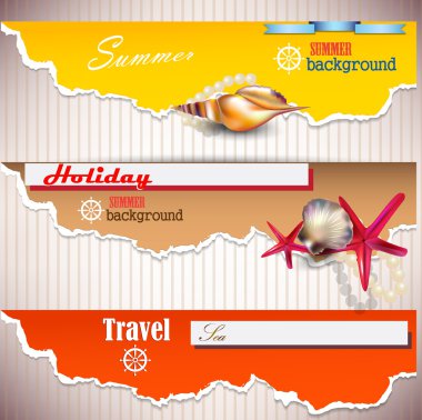 Set of Holiday banners with shells and place for text. Torn pape clipart