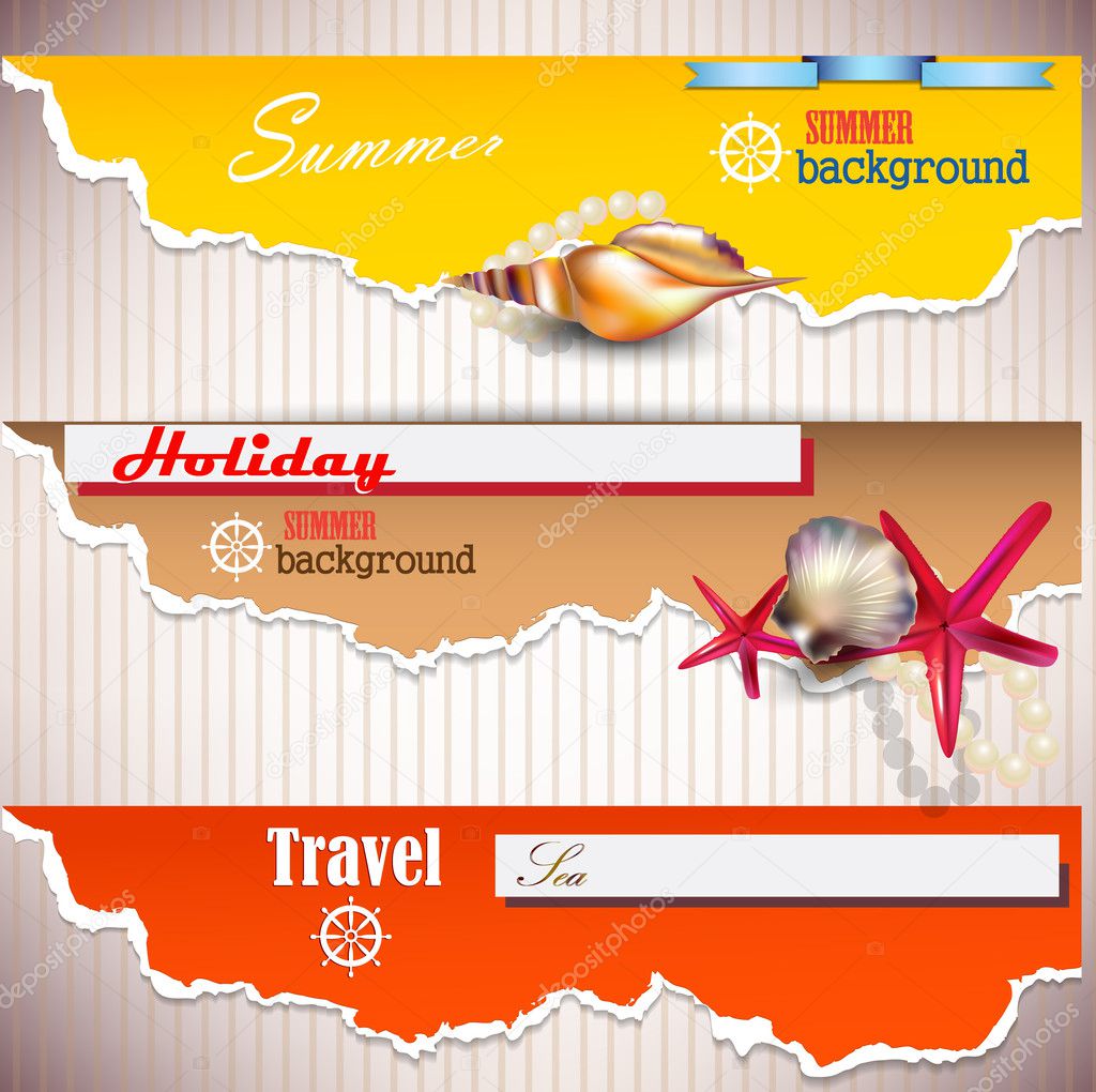Set of Holiday banners with shells and place for text. Torn pape