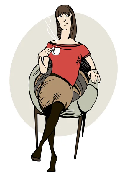 コーヒーのカップを持つ若い女の子のグラフィック肖像画 — ストックベクタ