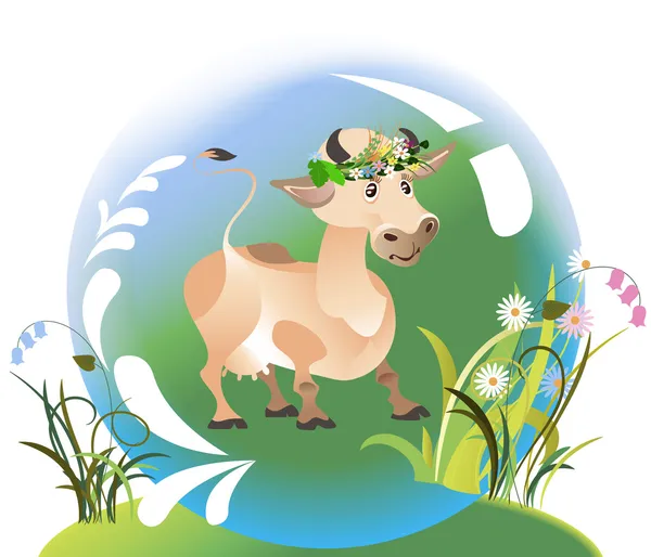 Cute cow wearing a crown of flowers — Stock Vector