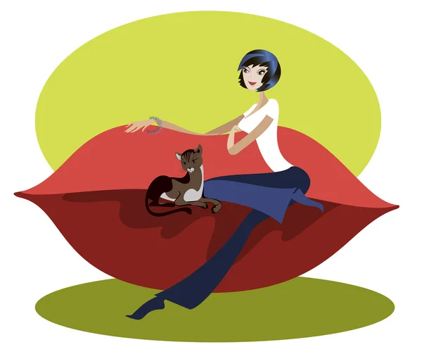 La fille sur le canapé avec un chat — Image vectorielle