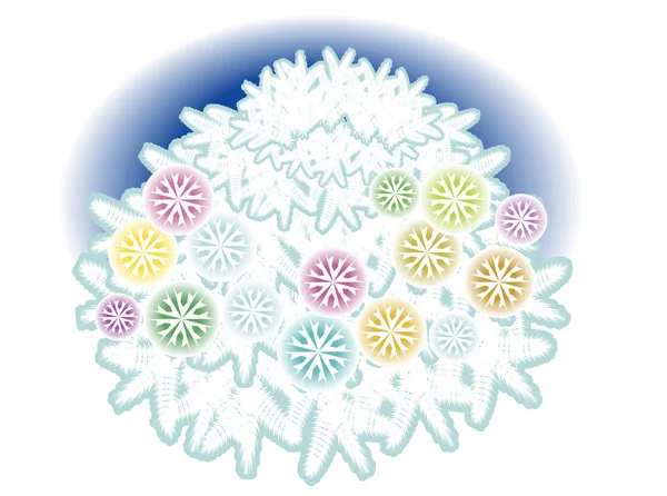 Abeto bajo la nieve por bolas decorativas — Vector de stock