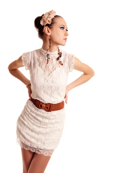 Retrato de modelo de estilo de moda elegante no vestido — Fotografia de Stock