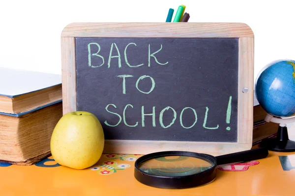 Back to school word on board, books and globe — Stock Photo, Image