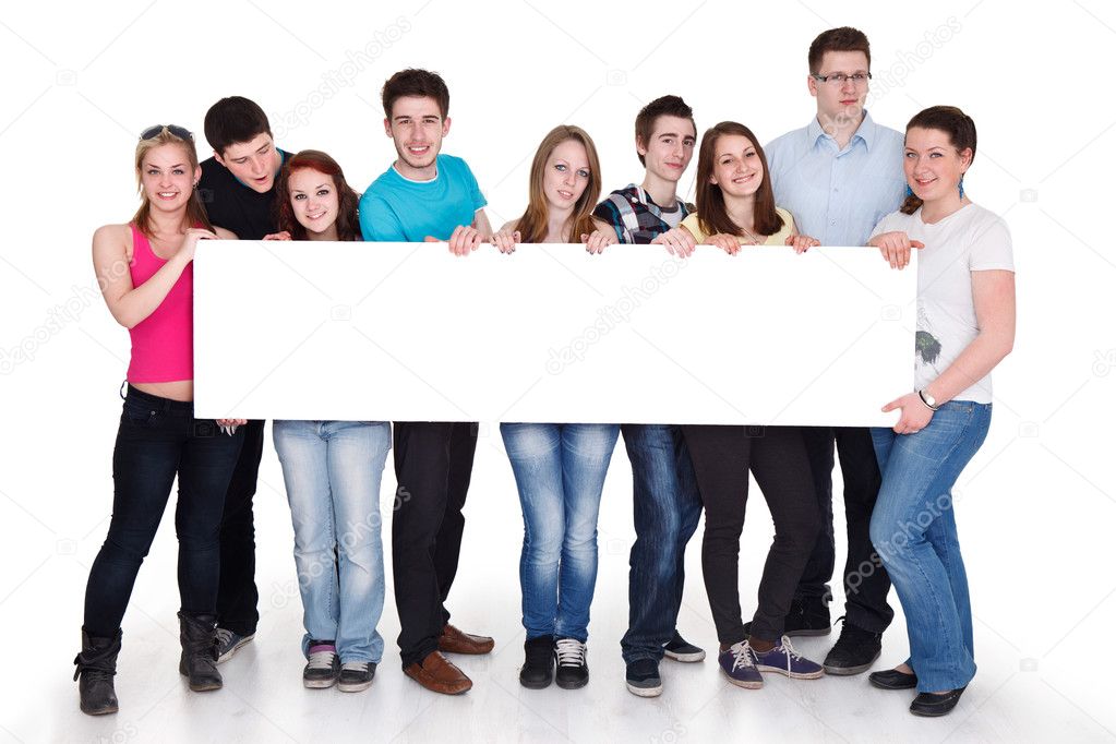 Group of happy holding banner, isolated