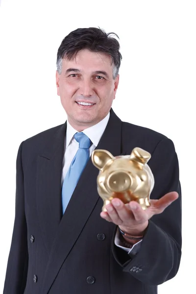 Affärsman som innehar en spargris Bank — Stockfoto