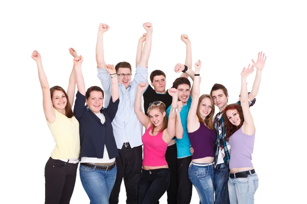 Feliz emocionado sonriendo amigos sosteniendo las manos arriba —  Fotos de Stock