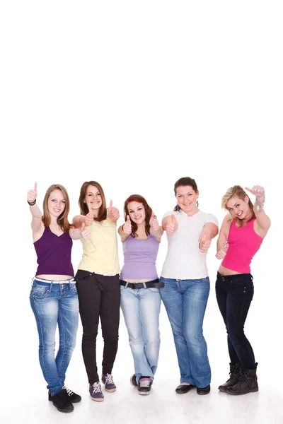 Smiling friends holding thumb up gesture — Stock Photo, Image