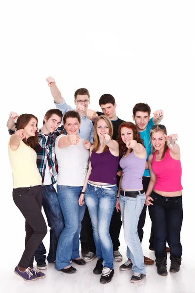 Jovens amigos apontando os dedos — Fotografia de Stock
