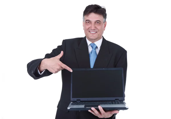 Hombre de negocios principal apuntando a la computadora portátil — Foto de Stock
