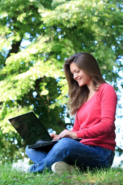 Φοιτητή που χρησιμοποιεί το φορητό υπολογιστή στο πάρκο — Φωτογραφία Αρχείου