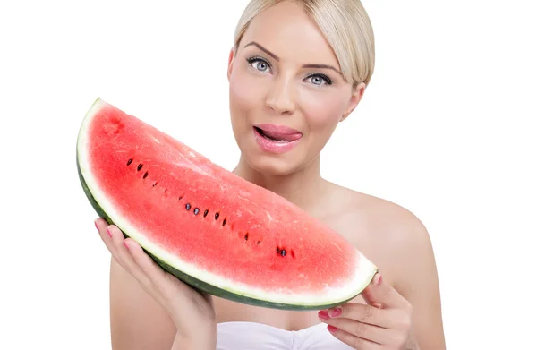 Vrouw watermeloen — Stockfoto