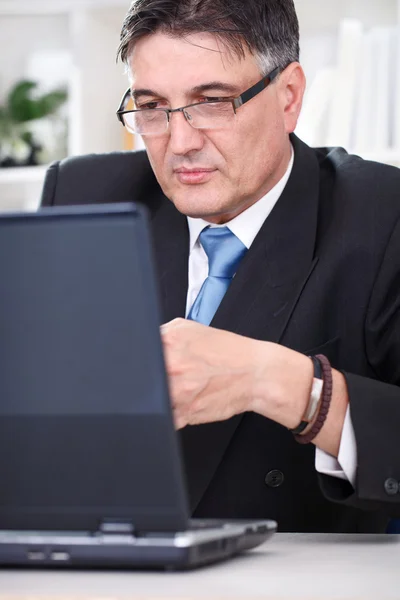 Homem de negócios sênior trabalhando no laptop — Fotografia de Stock