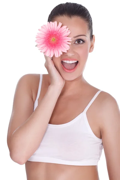 Funny beautiful woman with flower — Stock Photo, Image