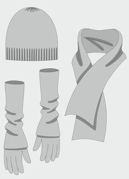 Γυναίκα που πλέκει το πλήρες σύνολο (ΚΓΠ, γάντια, κασκόλ). — Διανυσματικό Αρχείο