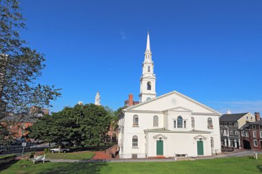 The First Baptist Church and partial skyline of Providence, RI clipart