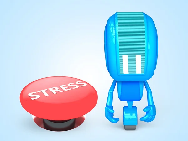 Грустный робот со стрессовой кнопкой — стоковое фото