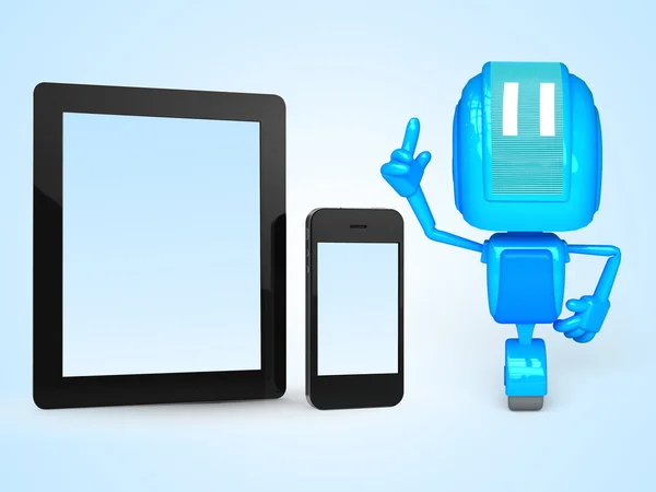 Robot with phone and tablet — Stock Photo, Image