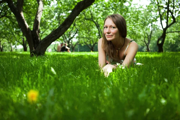 美しい女性は、草に横たわっています。 ストック写真