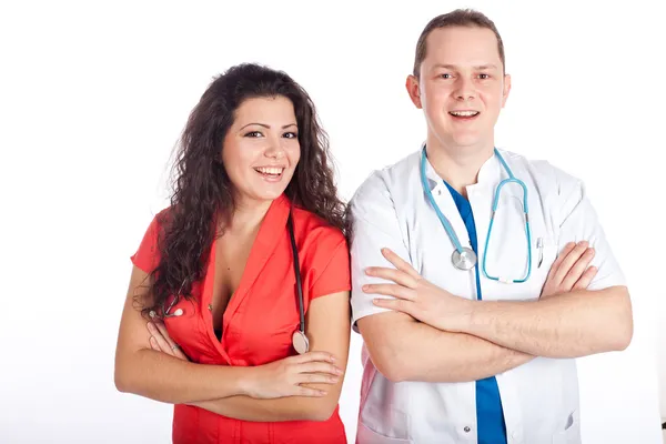 Twee vrolijke jonge artsen — Stockfoto