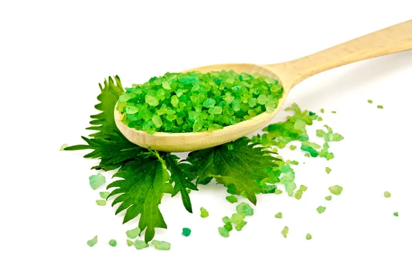 Salt av gröna på sked med nässlor — Stockfoto