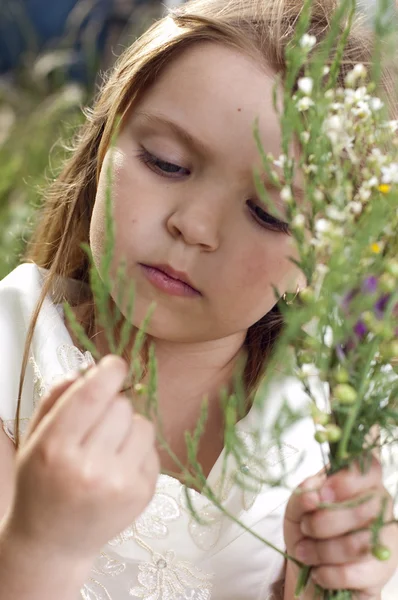 Alan çiçekli güzel küçük bir kız portresi — Stok fotoğraf