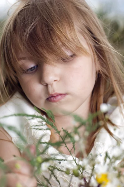 Portrét krásné děvčátko s květy pole — Stock fotografie