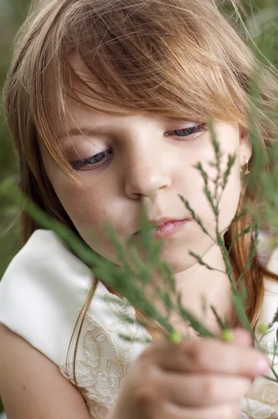 Alan çiçekli güzel küçük bir kız portresi — Stok fotoğraf