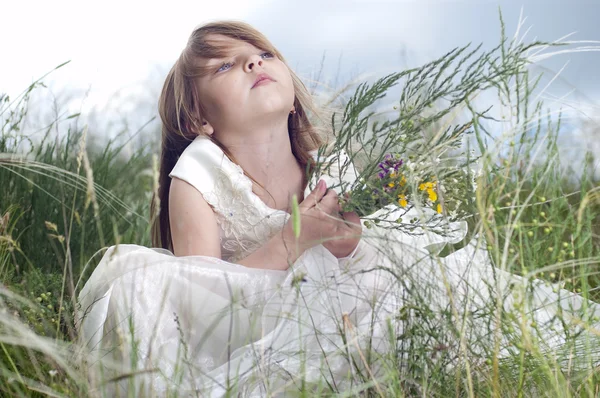 Pohádkový krásná holčička na trávníku s květem pole — Stock fotografie