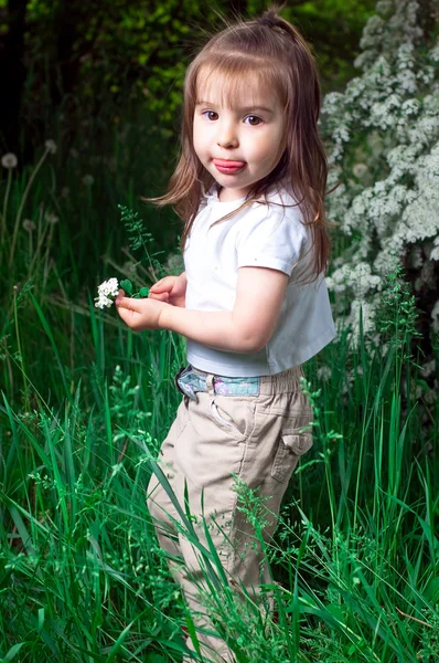 Küçük kız bir arka planda beyaz çiçekli çalı — Stok fotoğraf