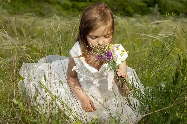 美丽的女孩在字段上新娘的衣服在国际剑联 — 图库照片