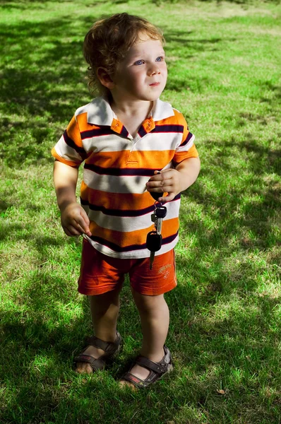 Mały chłopiec jest latem na trawniku — Zdjęcie stockowe