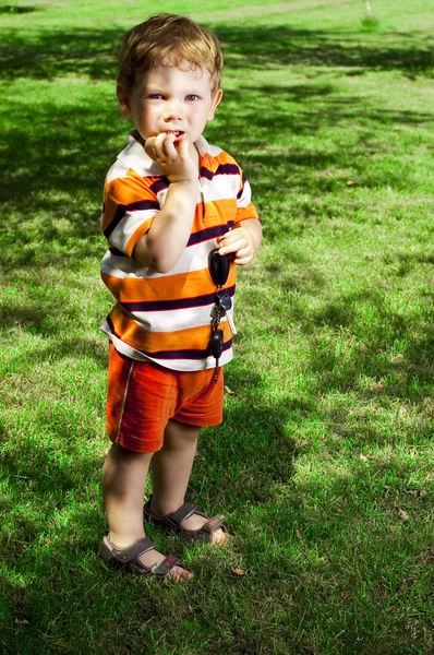 小さな男の子は夏の芝生の上で — ストック写真
